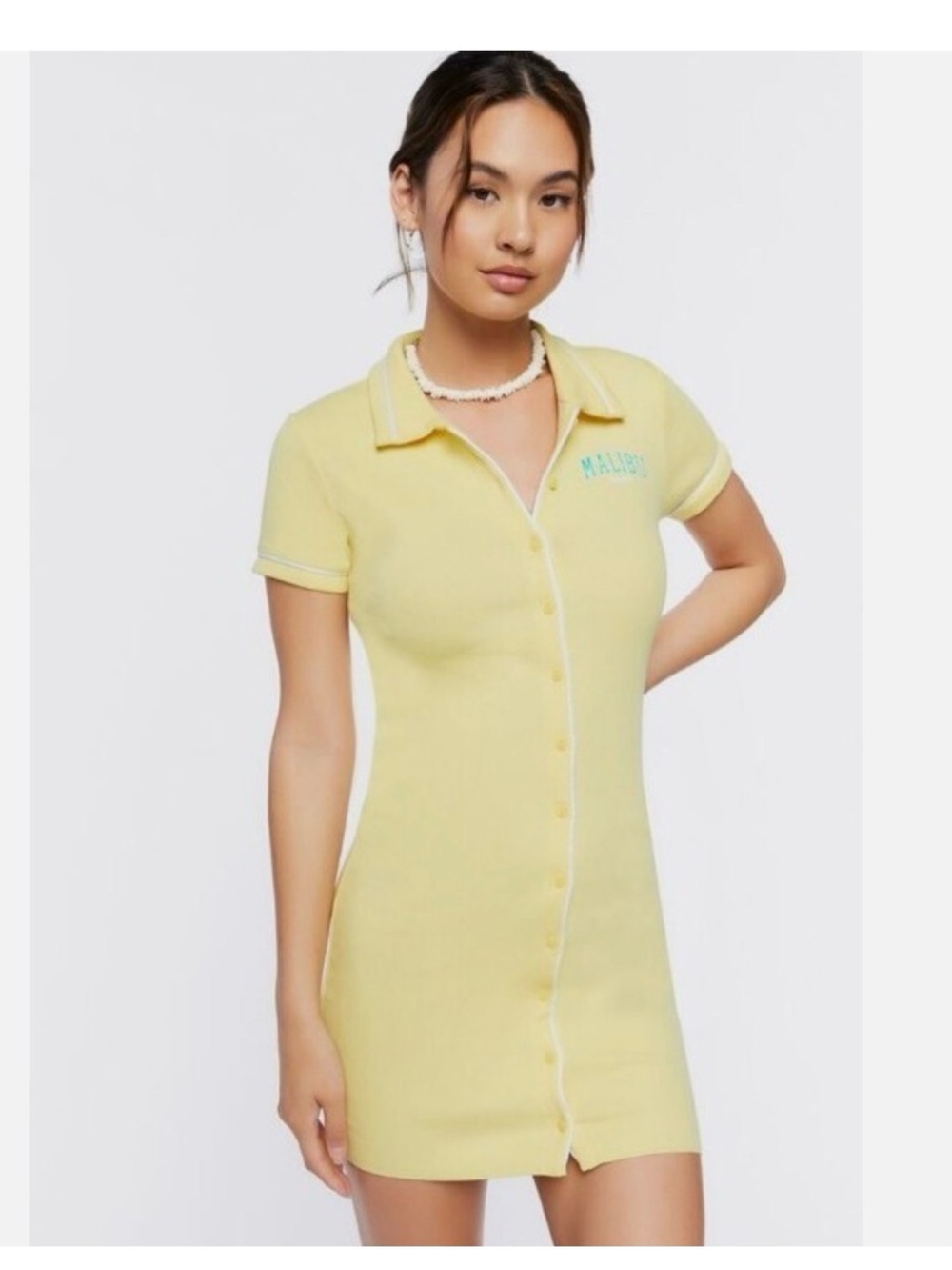 Malibu Pale Yellow Button-Front Polo Mini Dress